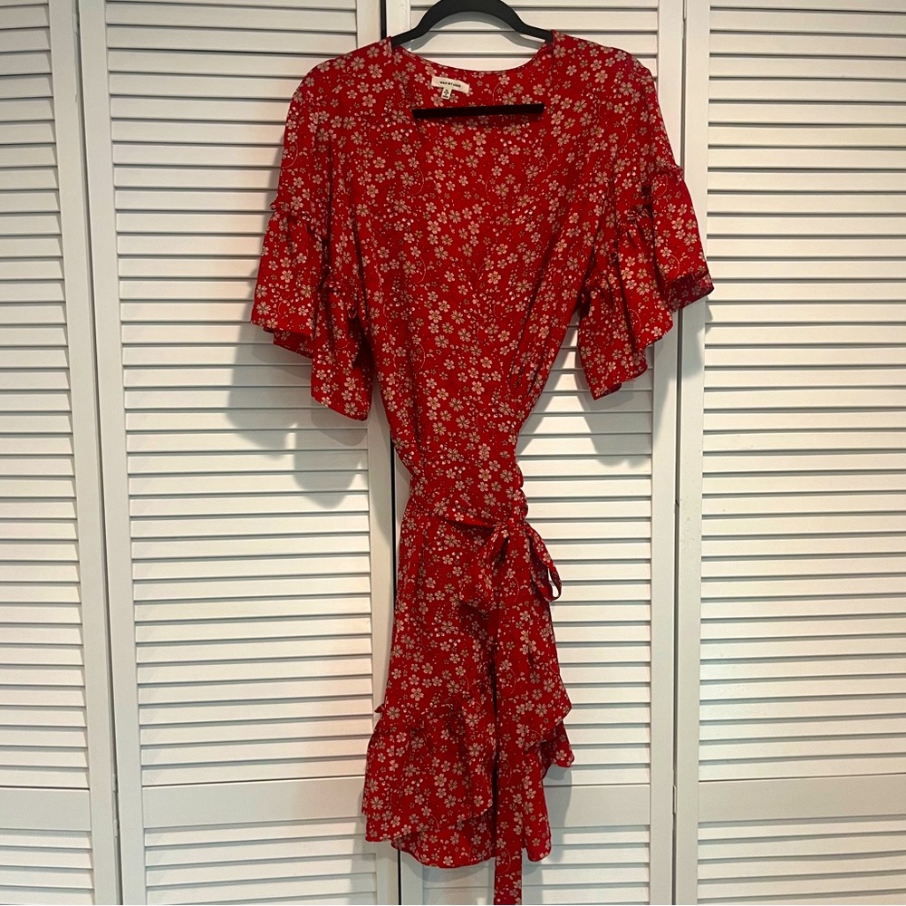 Red Floral Flutter Sleeve Tie Dress